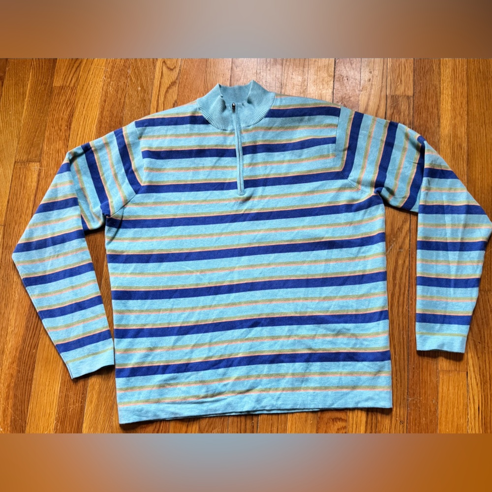 Peter Millar Men's Zip-Up Sweater - Blue and Tan Stripes